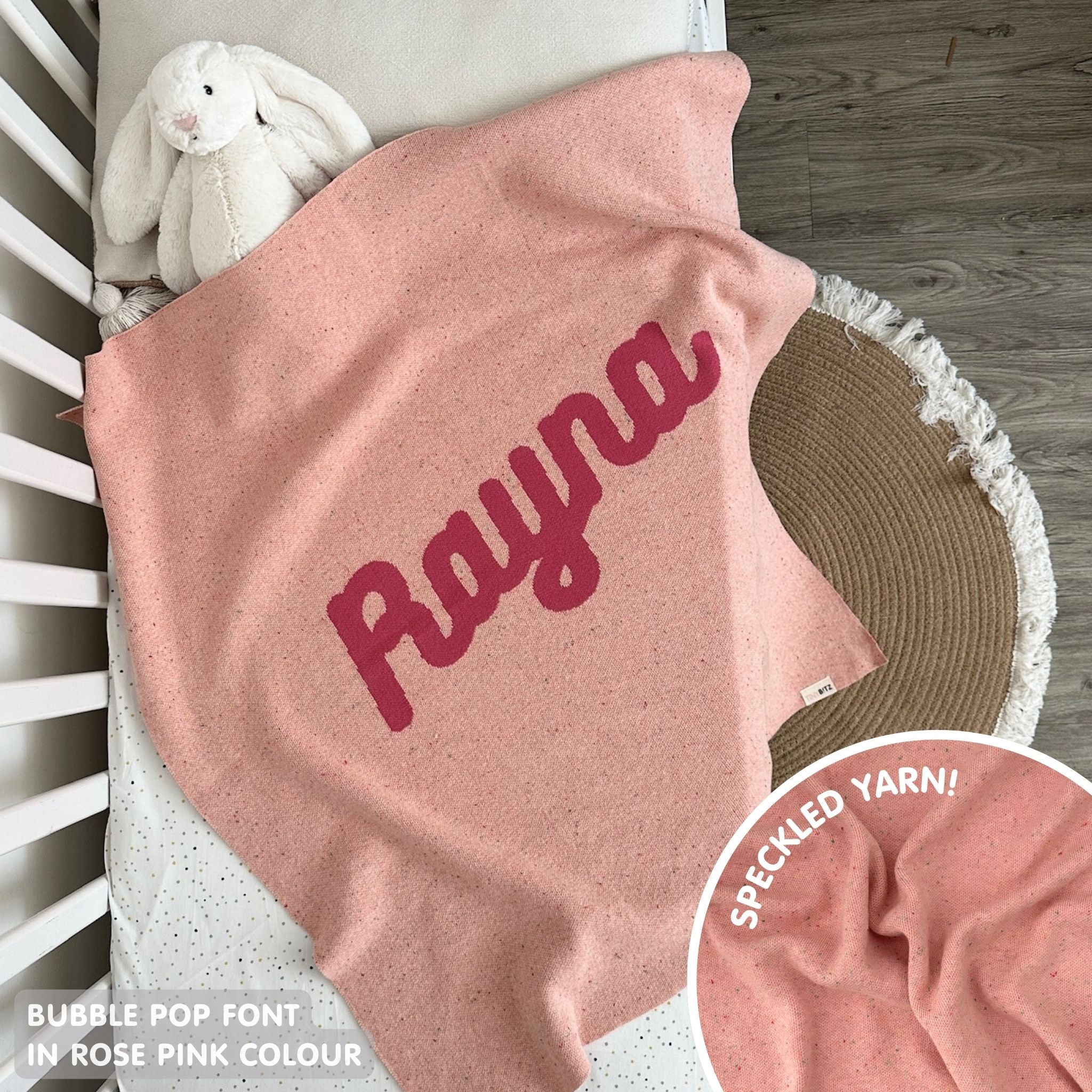 TinyBitz personalized name blanket in pink and rose pink with a confetti pattern, perfect gift for newborn babies and kids.
