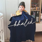 TinyBitz personalized name blanket in navy and white with a confetti pattern, perfect gift for newborn babies and kids.