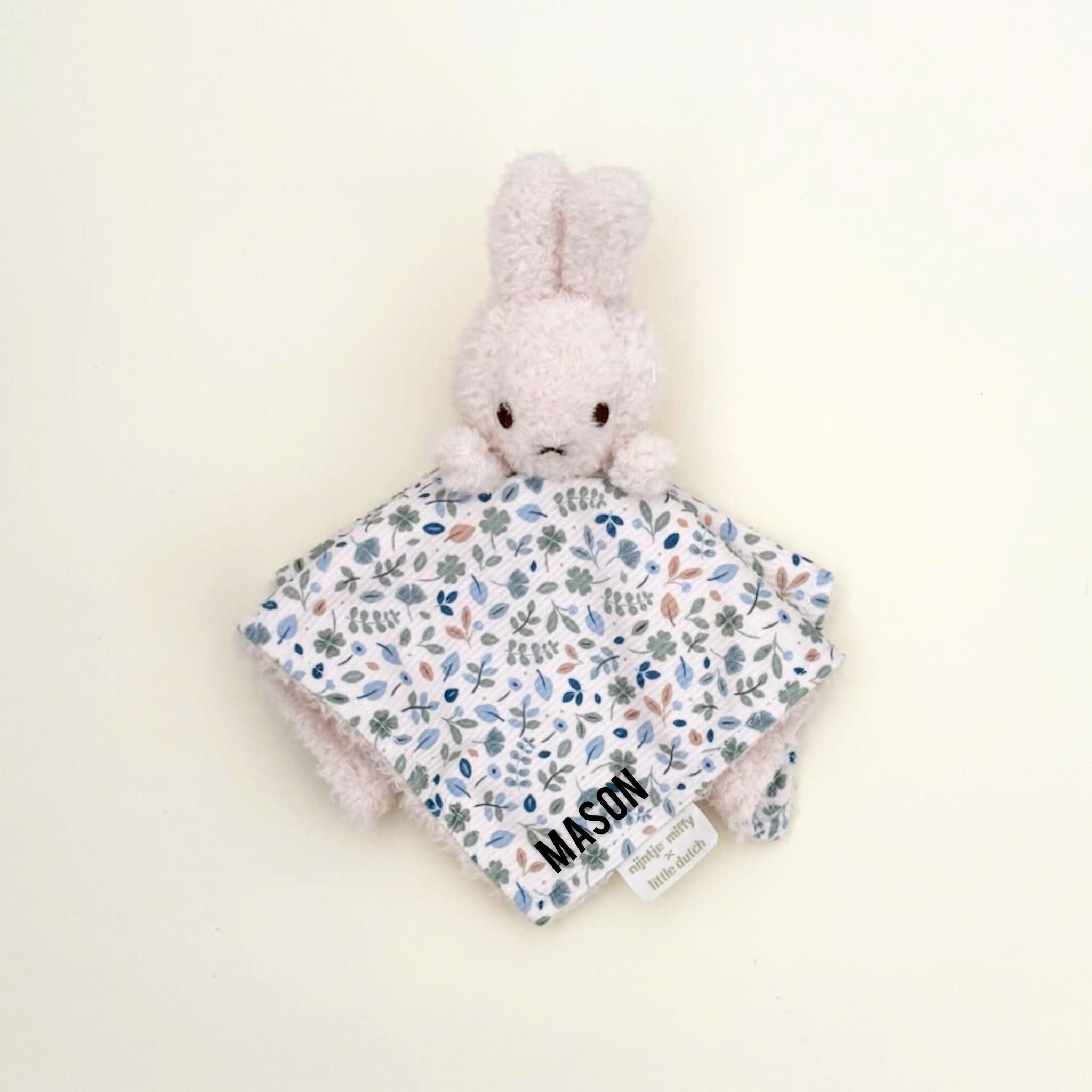 Floral Miffy cuddle cloth comforter embroidered with baby's name, a personalised baby gift and keepsake featuring the iconic Miffy toy.