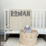TinyBitz personalized baby name blanket, knitted in cream and light grey with a confetti pattern, perfect baby shower gift!
