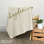 TinyBitz custom knitted blanket with baby's name on cream background with a confetti pattern, best gift to welcome a newborn baby.