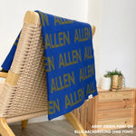 Customisable blanket with adult's name knitted in blue and army green, personalized by TinyBitz.