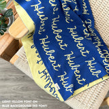 Personalised pet blanket in blue and light yellow knitted cotton, cozy custom cat blanket by TinyBitz, perfect personalized gift for pet lovers.