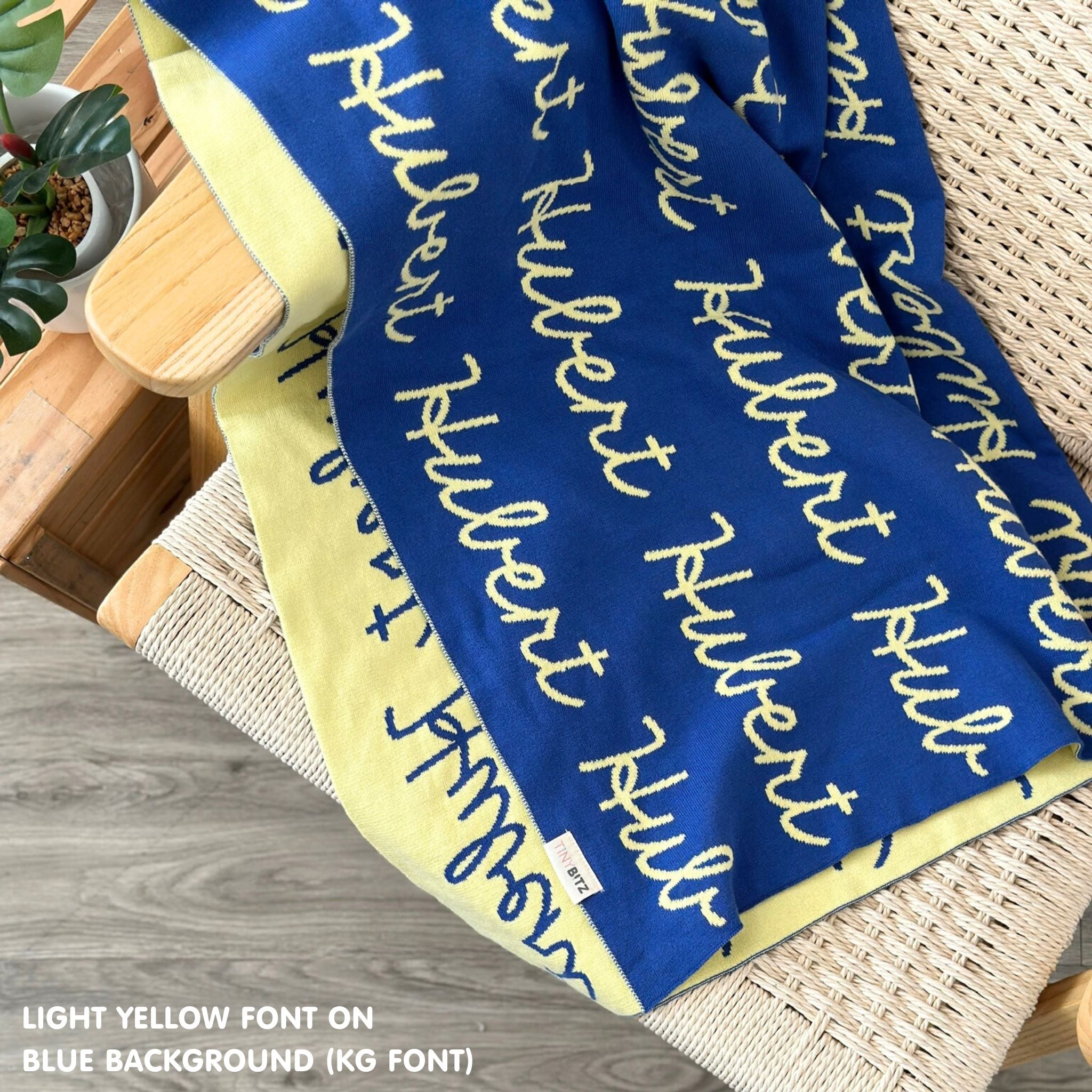 Personalised pet blanket in blue and light yellow knitted cotton, cozy custom cat blanket by TinyBitz, perfect personalized gift for pet lovers.