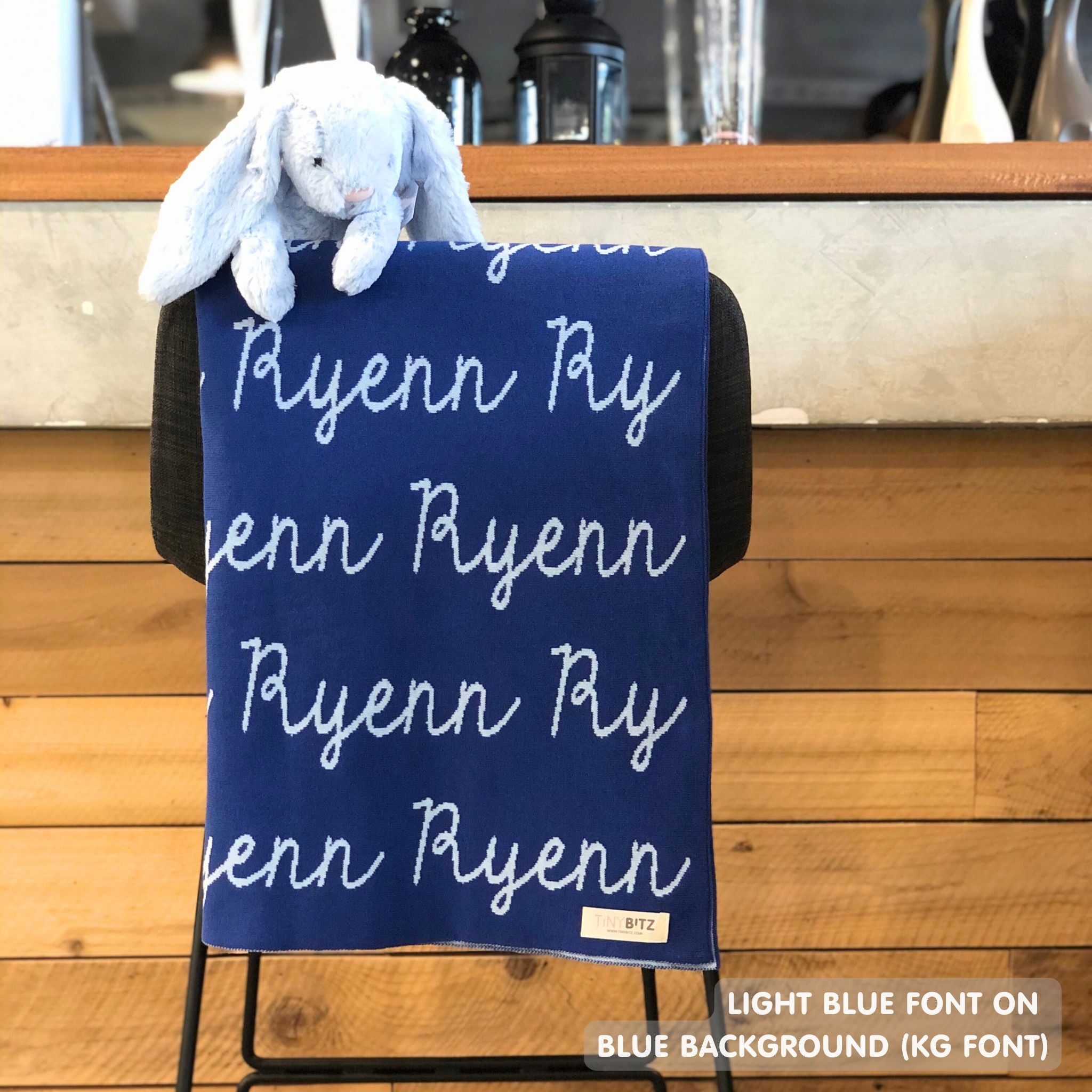 TinyBitz knitted cotton blanket in blue and light blue with Jellycat bunny toy, personalised with your own name!
