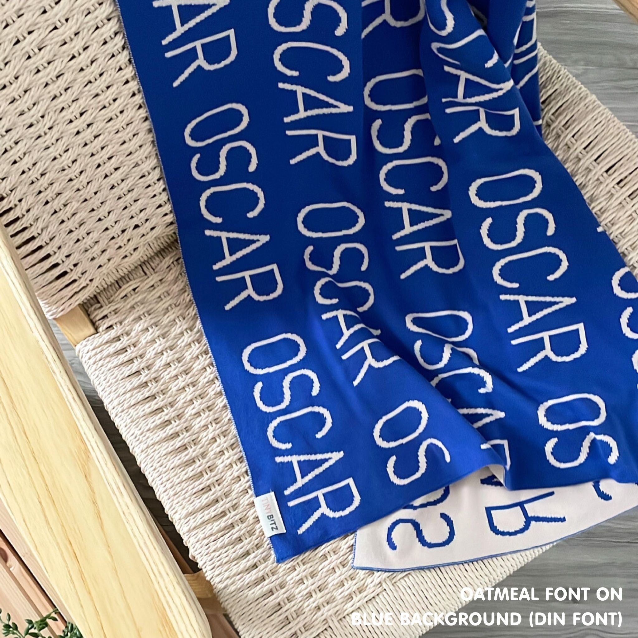 Personalised pet blanket in blue and oatmeal knitted cotton, custom knitted dog blanket by TinyBitz, perfect gift for dog lovers.
