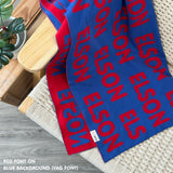 Personalised pet blanket for cats in blue and red knitted cotton, personalise your cat bed with custom knitted cat blanket by TinyBitz.