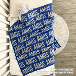 Baby blanket knitted from cotton personalized with baby's name in blue and light grey, made by TinyBitz.