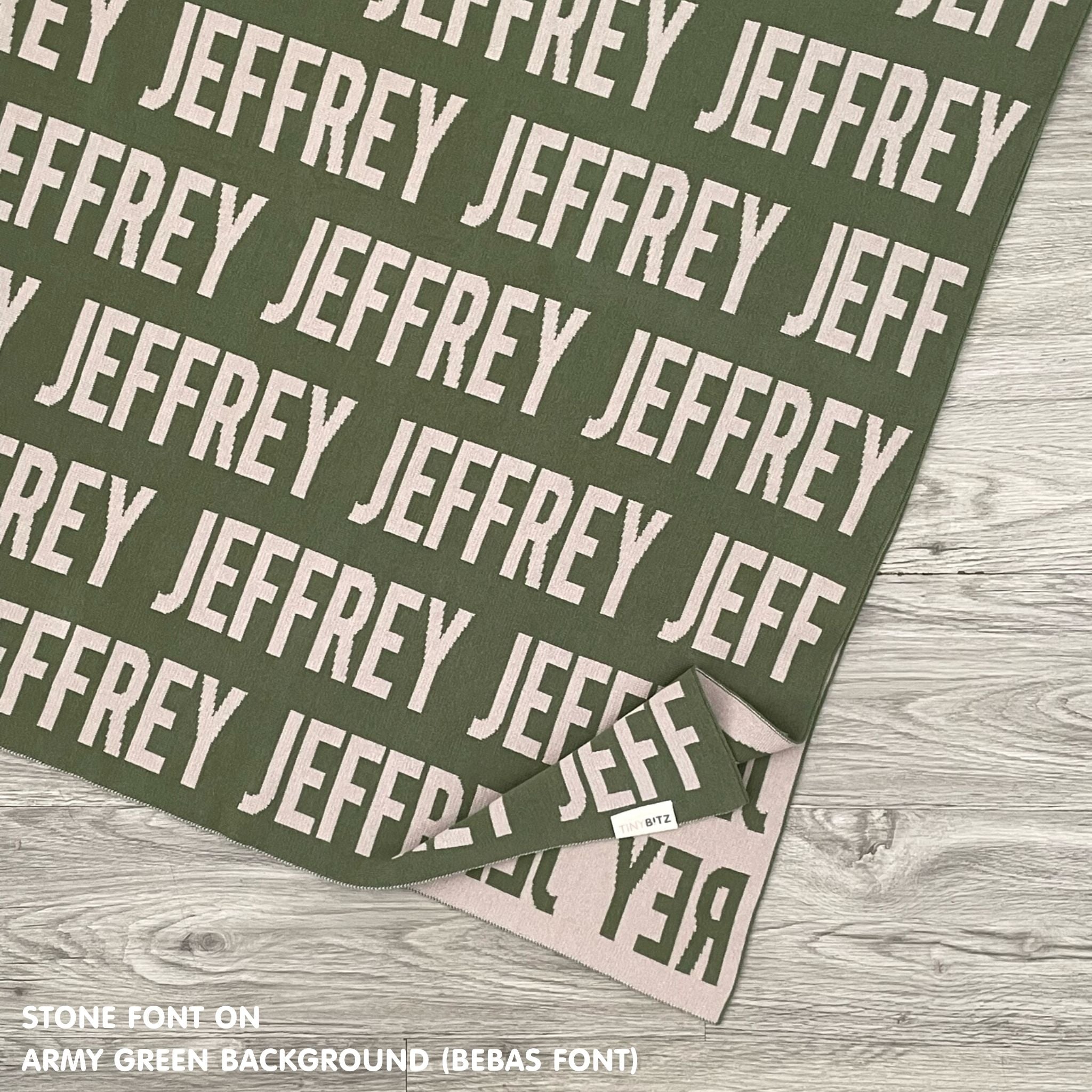 Personalised pet blanket in army green and stone knitted cotton, cozy custom cat blanket by TinyBitz, perfect personalized gift for pet lovers.