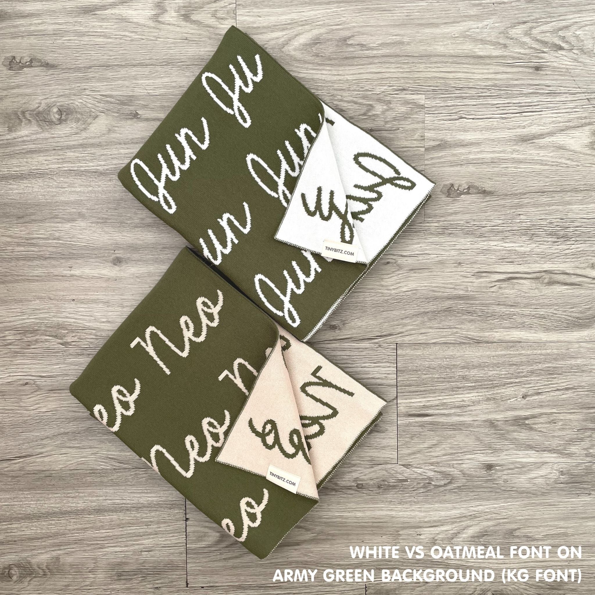 Personalised pet blanket in army green colour knitted cotton, cozy custom cat blanket by TinyBitz, perfect personalized gift for pet lovers.