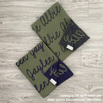 Personalized blanket with couple's name knitted in army green, made by TinyBitz.