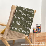 Personalised blanket for adult knitted from cotton in army green and white, custom made by TinyBitz.