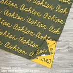 Custom cotton blanket as a gift for him, knitted in army green and mustard by TinyBitz.