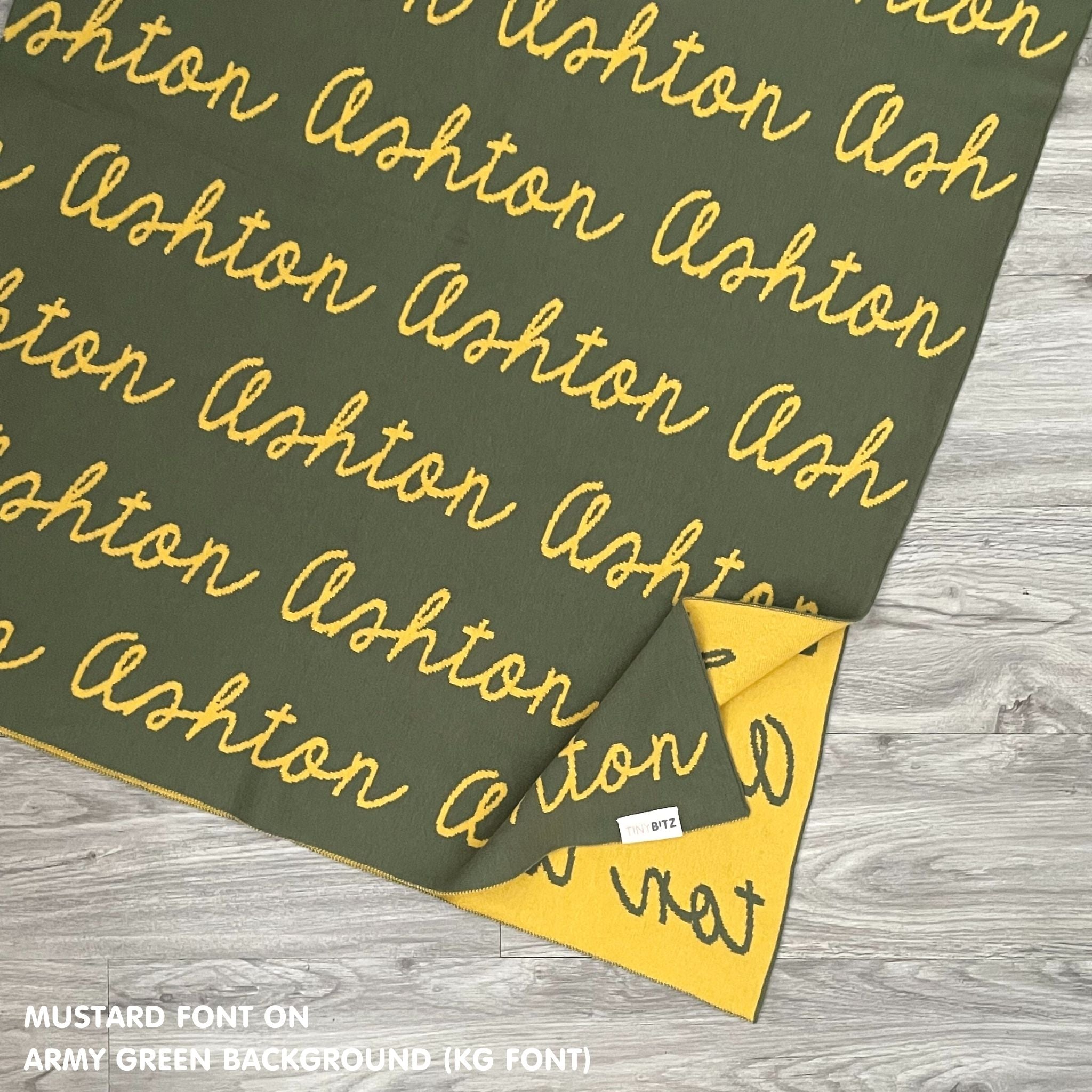 Personalised pet blanket with name Ashton in army green and mustard custom dog blanket by TinyBitz, cozy gift for dogs.
