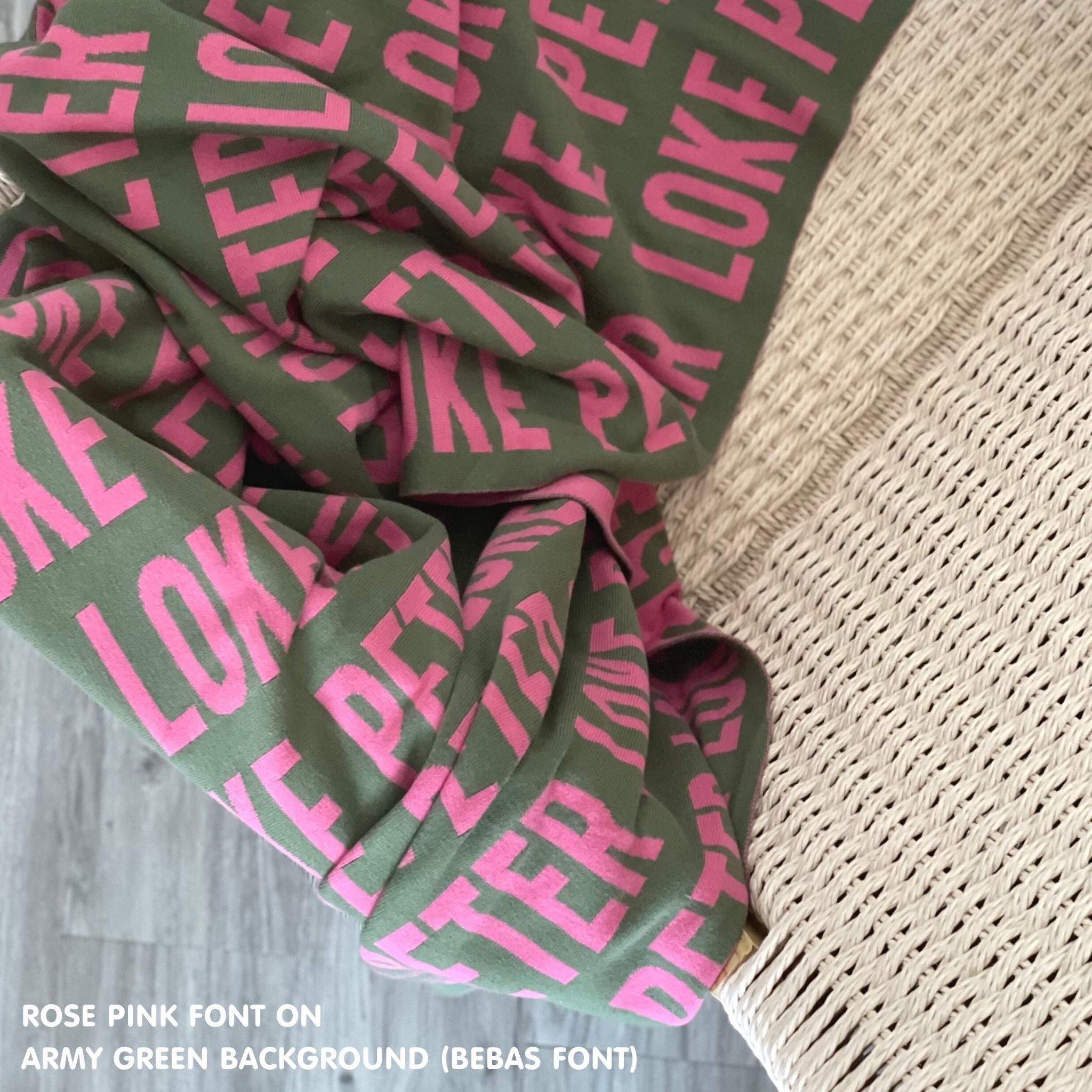 Personalised blanket for adult knitted from cotton in army green and rose pink, custom made by TinyBitz.