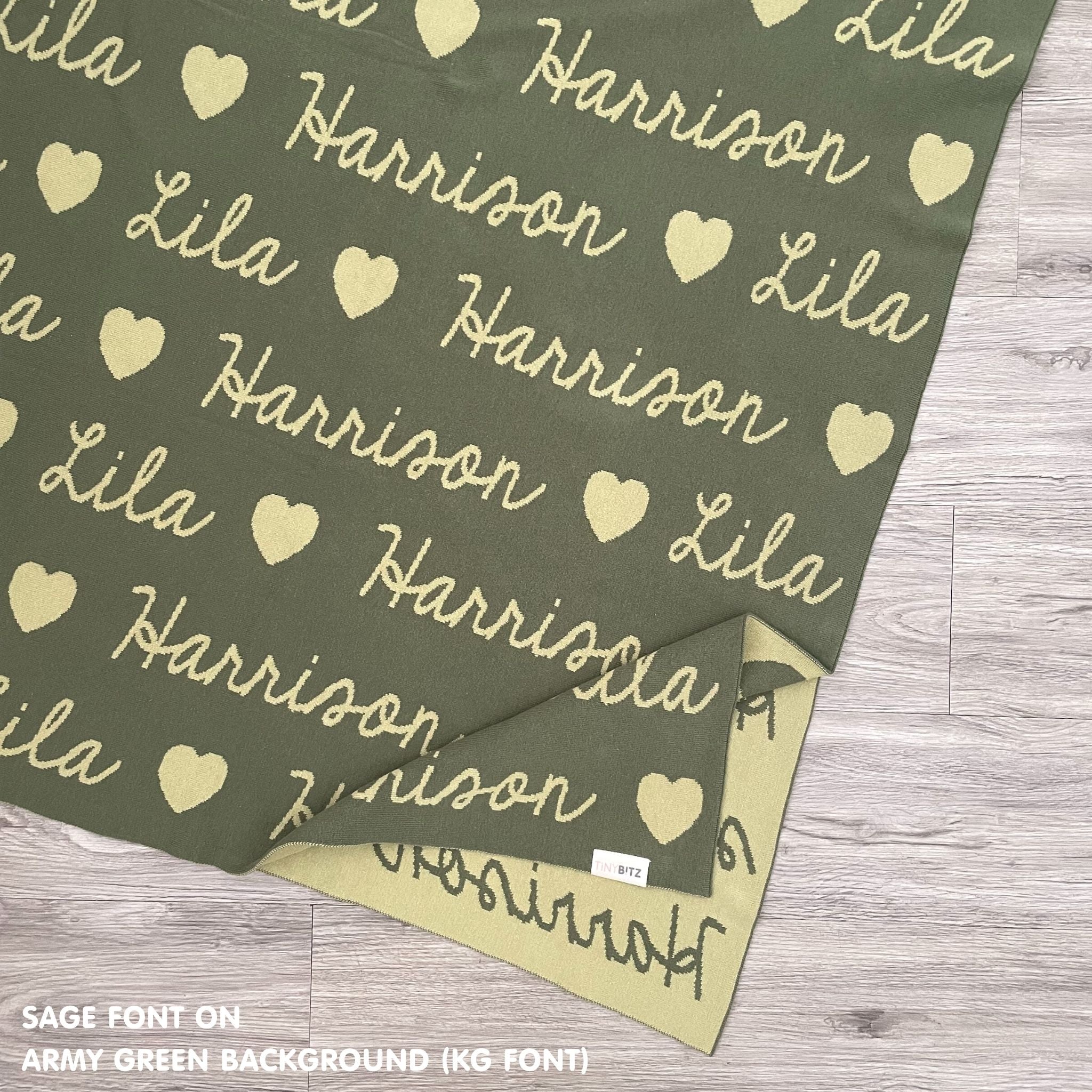 TinyBitz custom name blanket with couple's name knitted in army green and sage, making the perfect wedding or anniversary gift!