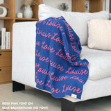Knitted baby blanket in blue and rose pink, customised with baby's name, made by TinyBitz.
