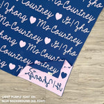 Personalised blanket for adult knitted from cotton in blue and light purple, custom made by TinyBitz.