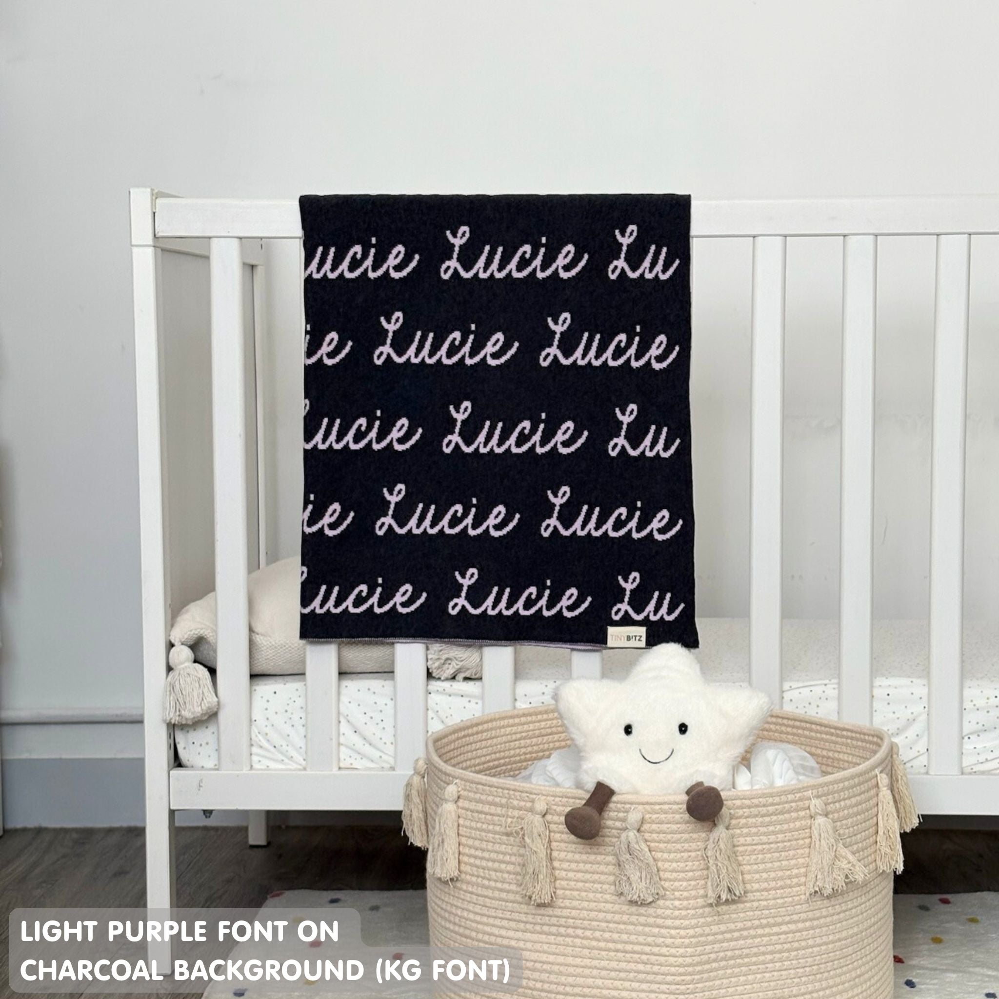 TinyBitz Personalized baby knitted name blanket in charcoal and light purple, making the best baby shower gift!