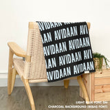 TinyBitz Custom Blanket knitted from cotton with baby's name on charcoal background, best gift to welcome a newborn baby.