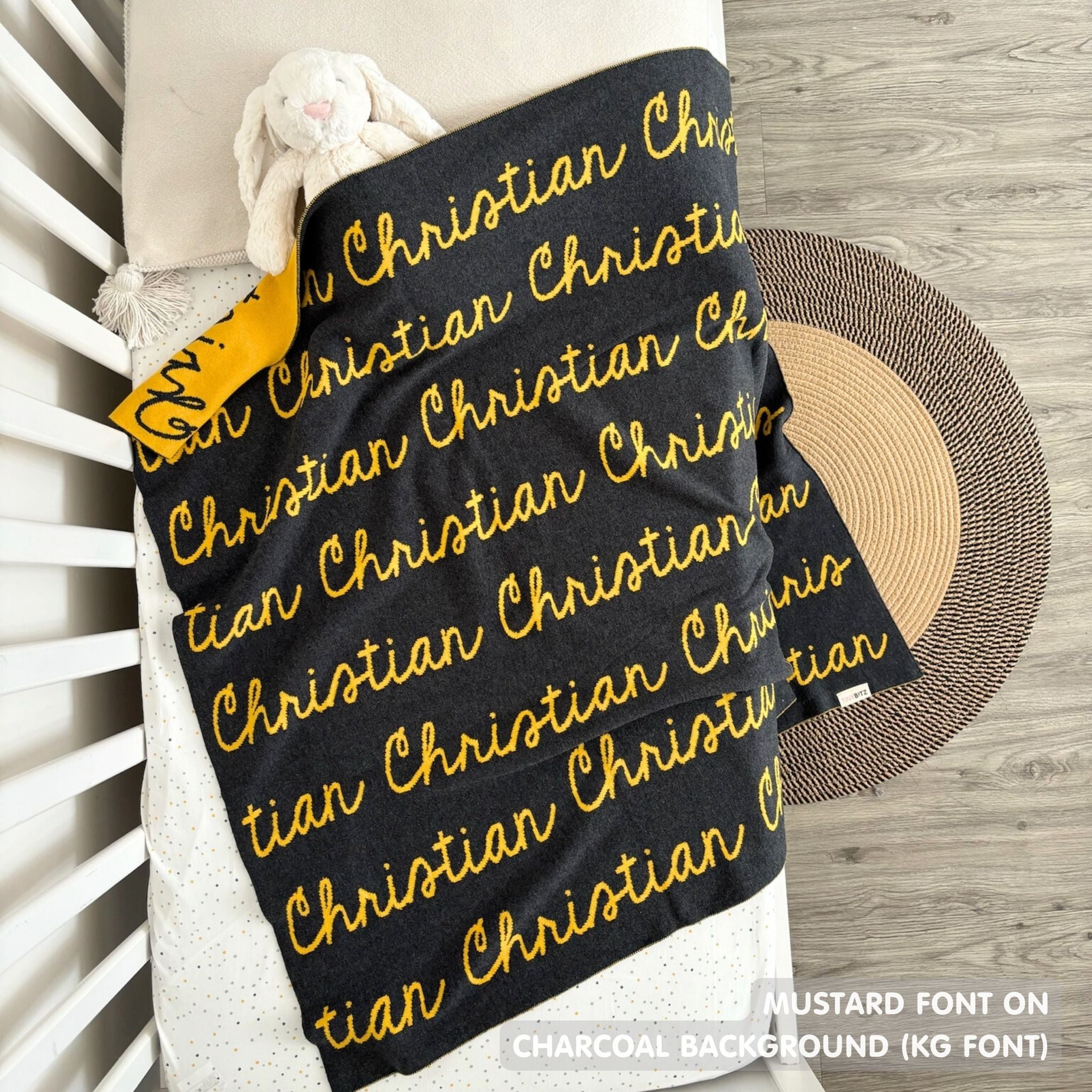 TinyBitz Personalized blanket for baby boy knitted from cotton in charcoal and mustard.
