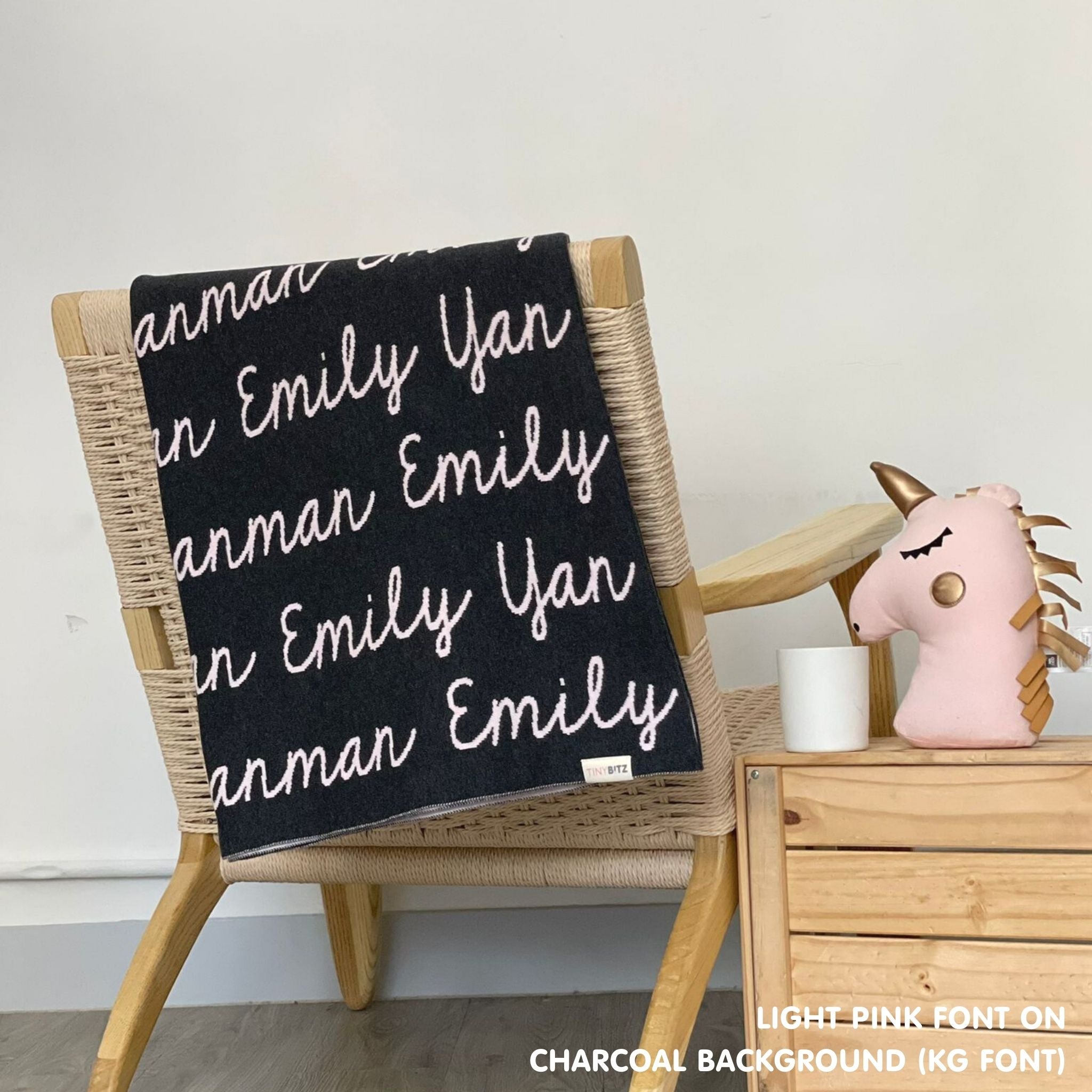 Custom cotton blanket as a gift for her, knitted in charcoal and light pink by TinyBitz.