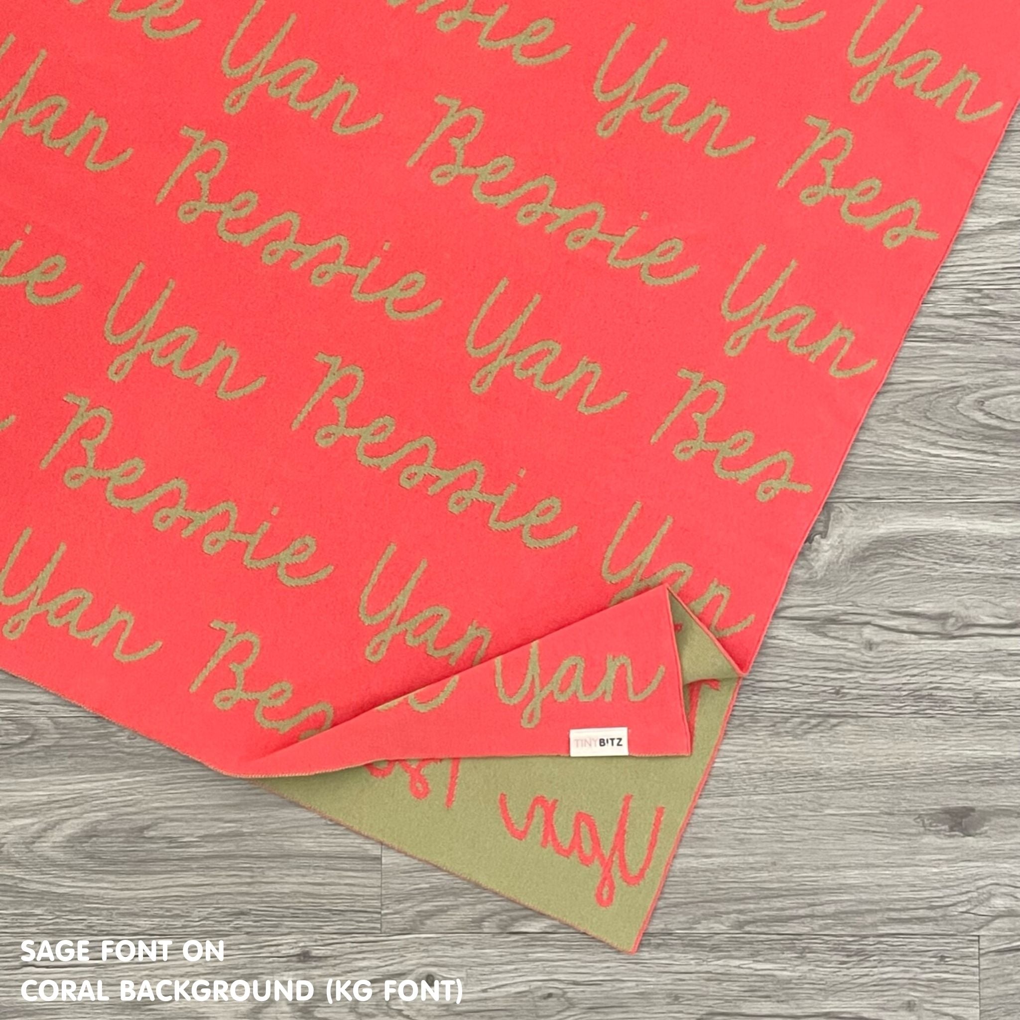 Personalised pet blanket for cats in coral and sage knitted cotton, personalise your cat bed with custom knitted cat blanket by TinyBitz.