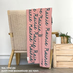 Customisable blanket with adult's name knitted in dusty pink and teal, personalized by TinyBitz.