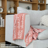 Customisable sofa throw and blanket with your own name knitted in dusty pink and white, made by TinyBitz!