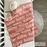 TinyBitz Personalized name blanket in dusty pink and oatmeal, perfect gift for newborn babies.