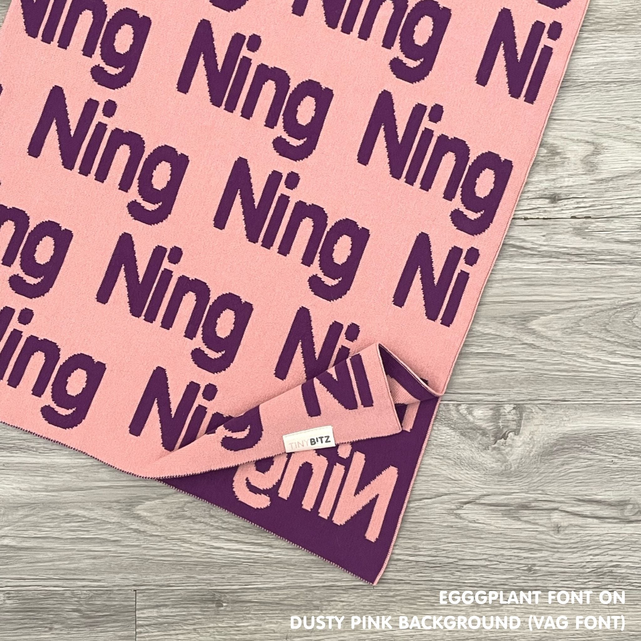Personalised blanket for adult knitted from cotton in dusty pink and eggplant, custom made by TinyBitz.