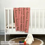 Baby blanket knitted from cotton personalized with baby's name in dusty pink and army green, made by TinyBitz.