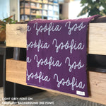 TinyBitz Personalized name blanket in eggplnat and light grey, perfect gift for newborn babies.