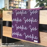 TinyBitz Personalized name blanket in eggplnat and light grey, perfect gift for newborn babies.