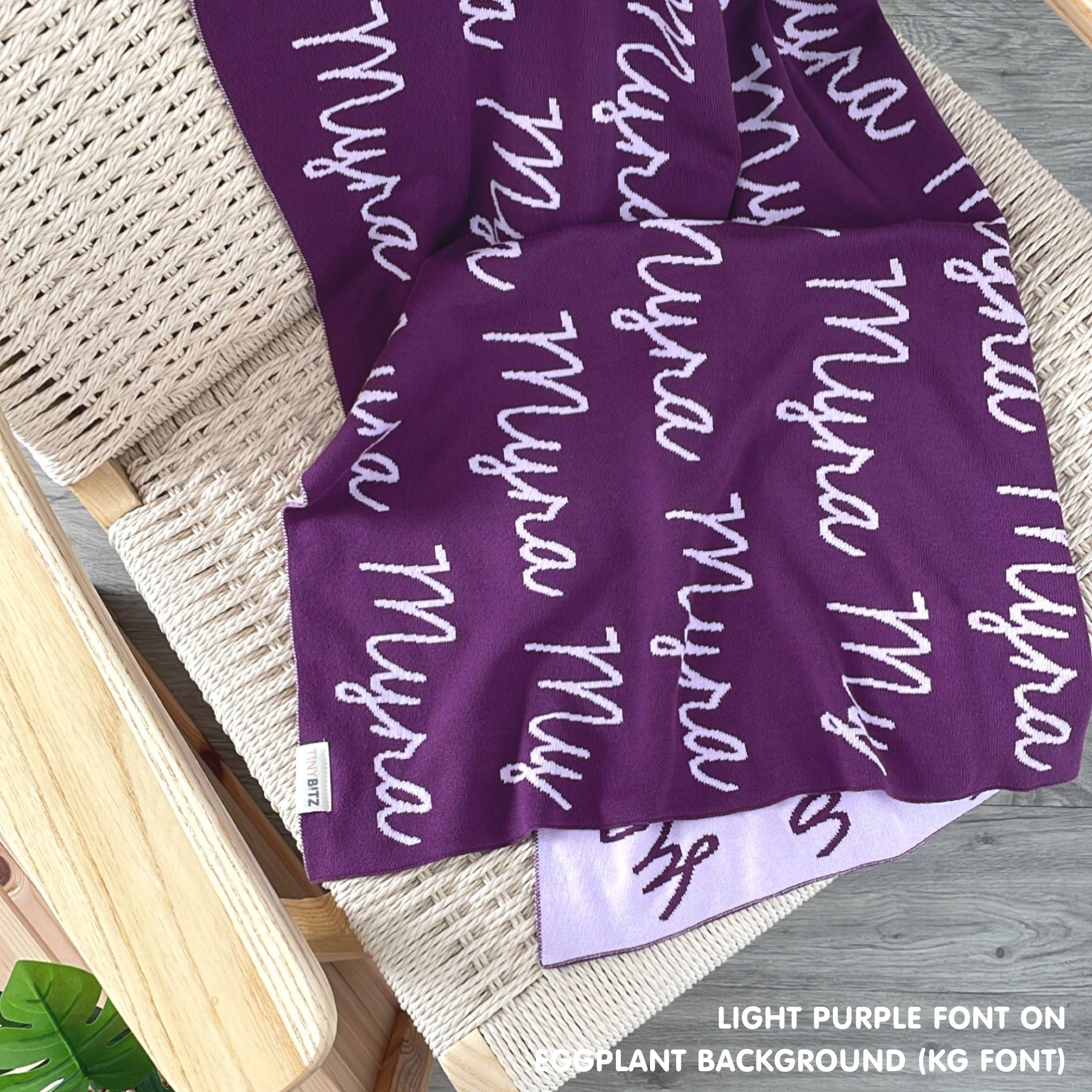 Personalised pet blanket in eggplant and light purple knitted cotton, custom knitted dog blanket by TinyBitz, perfect gift for dog lovers.