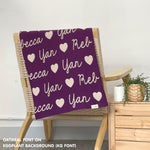 Personalised blanket for adult knitted from cotton in eggplant and oatmeal, custom made by TinyBitz.