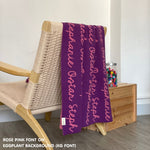 TinyBitz Personalized baby knitted name blanket in eggplant and rose pink, making the best baby shower gift!