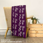 TinyBitz Custom Blanket knitted from cotton with baby's name on eggplant background, best gift to welcome a newborn baby.