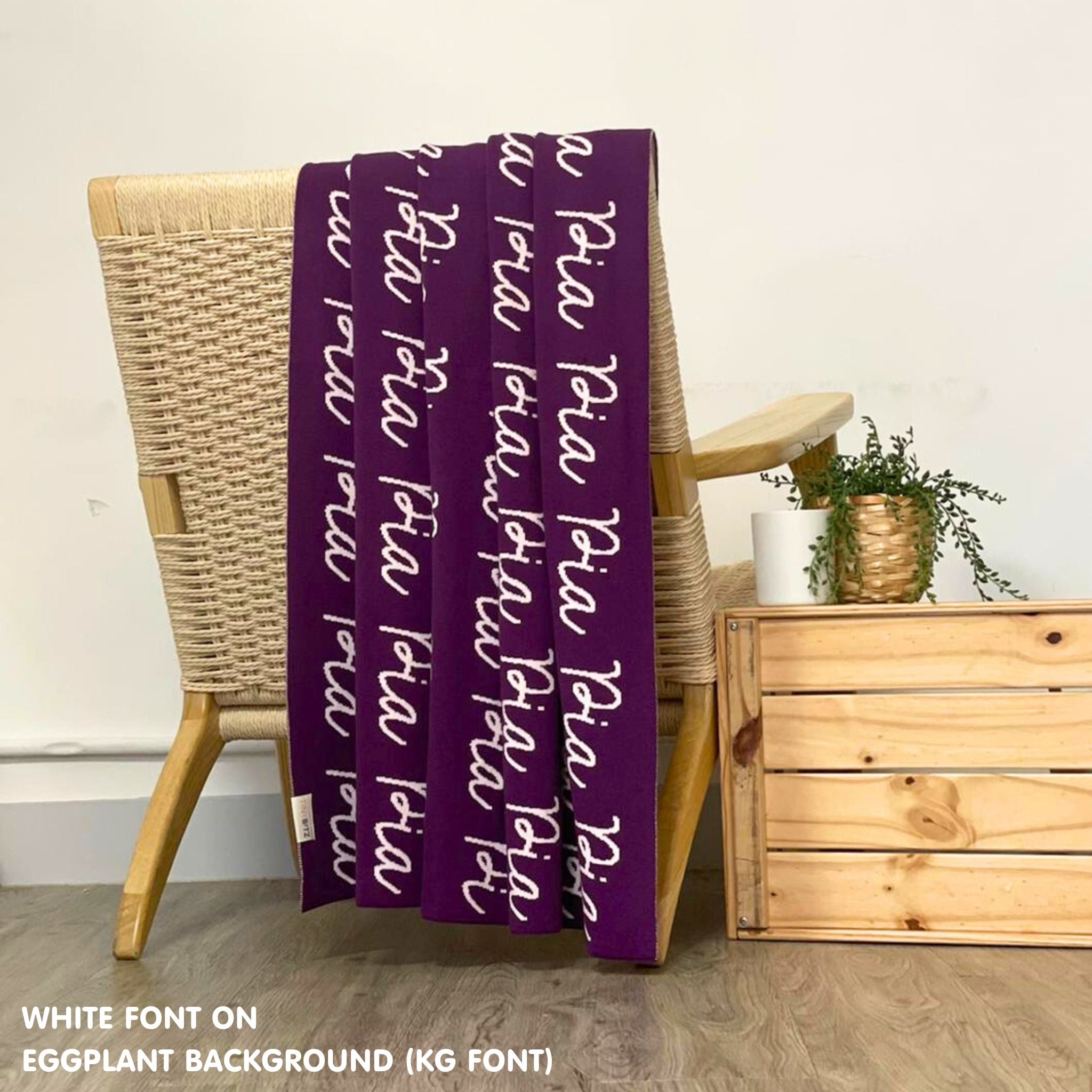 TinyBitz Custom Blanket knitted from cotton with baby's name on eggplant background, best gift to welcome a newborn baby.