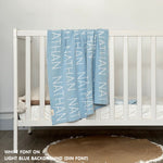 TinyBitz Personalized name blanket in light blue and white, perfect gift for newborn babies.