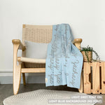 TinyBitz Personalized kids knitted name blanket in light blue and light grey, perfect as a birthday gifts for kids!