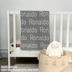 TinyBitz Personalized blanket for baby boy knitted from cotton in light grey and white.