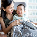 TinyBitz knitted baby boy blanket in light grey background and white, personalized with your baby’s name.