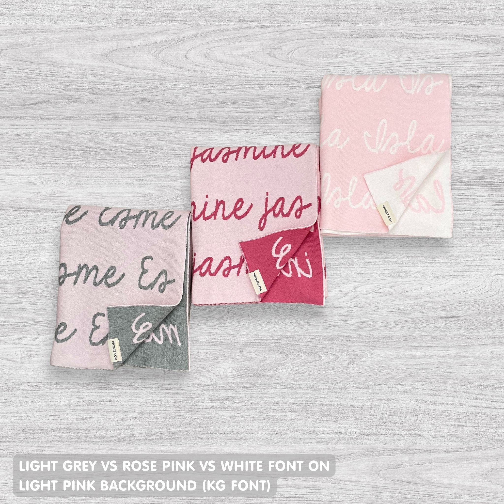 Customisable blanket with adult's name knitted in light pink colour, personalized by TinyBitz.