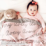 TinyBitz personalized knitted blanket in light pink background, customized with baby's name and made from 100% cotton.