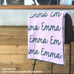 Personalised blanket for adult knitted from cotton in light purple and teal, custom made by TinyBitz.