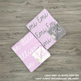 Customisable blanket with adult's name knitted in light purple colour, personalized by TinyBitz.