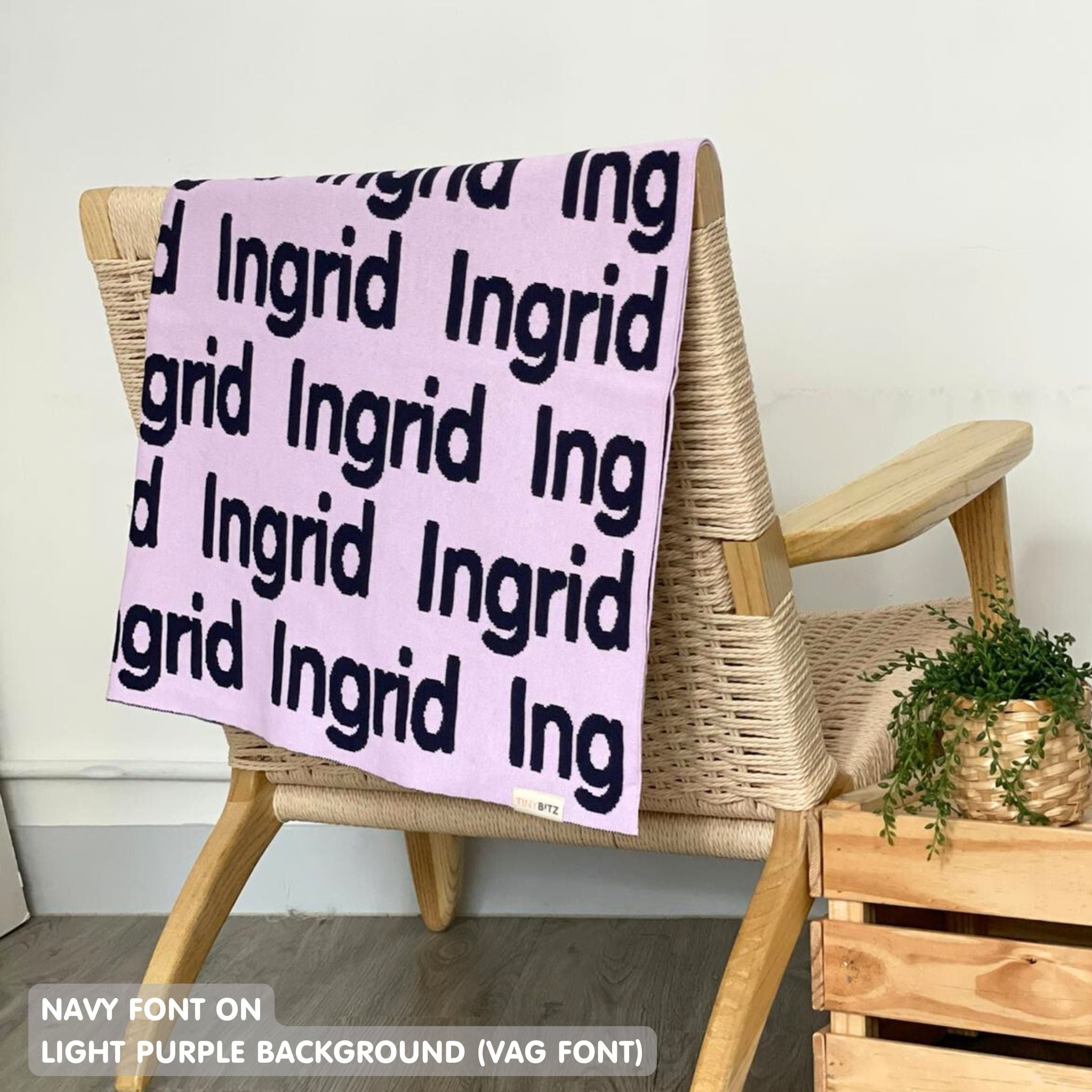 Personalised pet blanket in light purple and navy knitted cotton, cozy custom cat blanket by TinyBitz, perfect personalized gift for pet lovers.