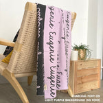 Customisable blanket with adult's name knitted in light purple and charcoal, personalized by TinyBitz.