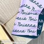 TinyBitz knitted name blanket in light purple and teal can be used to decorate your baby's room!